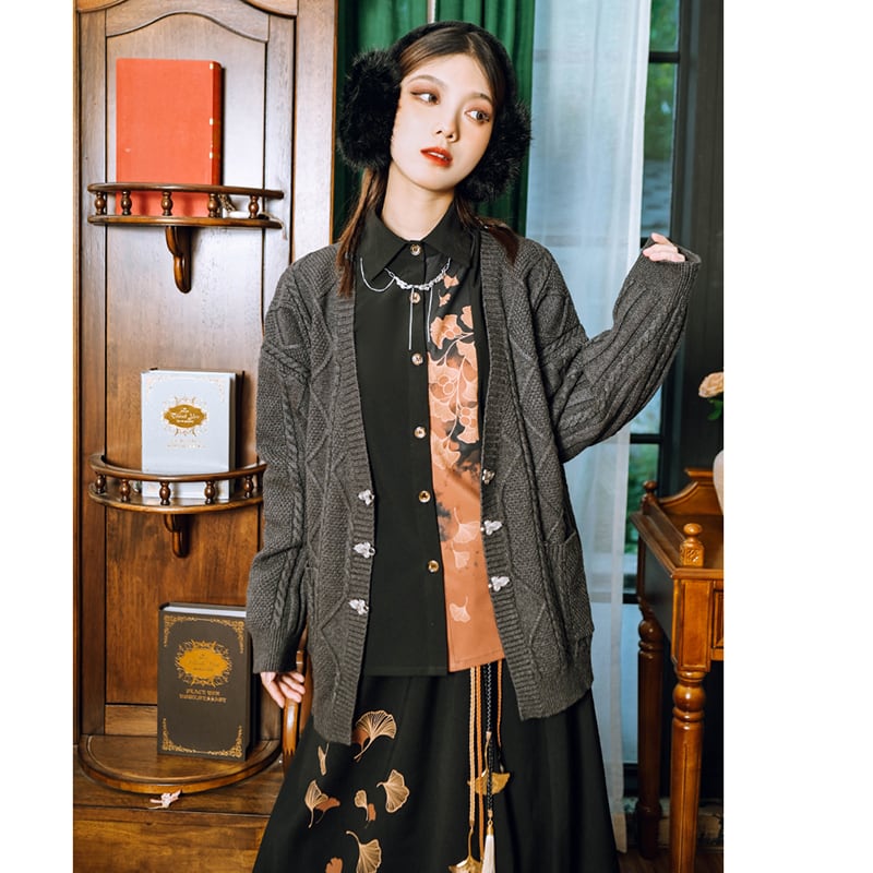 [Kokaisha --- Leaf Series] ★China style shirt★ Tops, long sleeve shirt, retro color scheme, cute black, orange