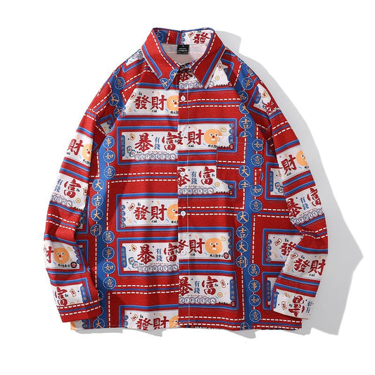 [BEAT BOY Series] ★Retro Shirt★ Printed Long Sleeve Shirt Tops Unisex Men's Text Pattern Red Red