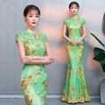 Load image into Gallery viewer, [ELEGANT] Chinese dress, mermaid line dress, slimming and attractive figure, excellent slimming effect, green, green, large size, short sleeves, long length
