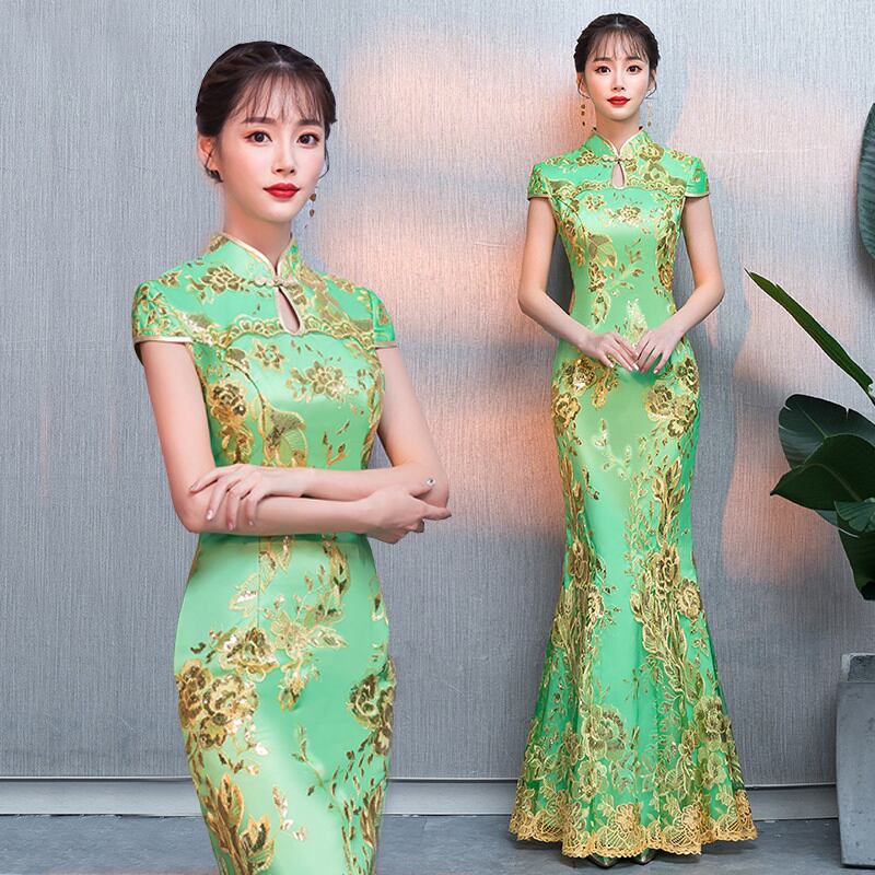 [ELEGANT] Chinese dress, mermaid line dress, slimming and attractive figure, excellent slimming effect, green, green, large size, short sleeves, long length