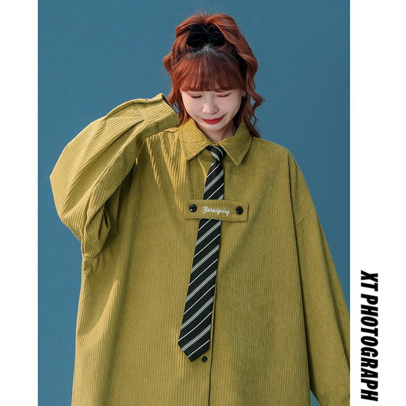 [Fujiiman Series]★Shirt with tie★ 3color Unisex Men's Long Sleeve Tops Autumn Clothes White Black Yellow