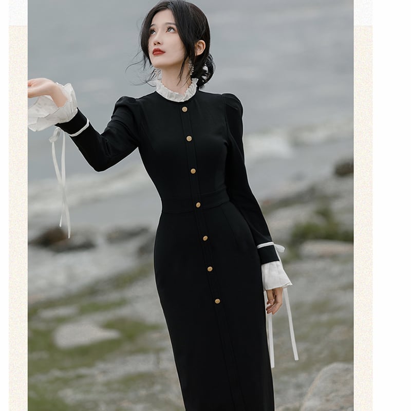 [Rinroki Series] ★One Piece★ Retro, Improves Temperament, Changes, Slimming, Women's, Long Length, Black, Black