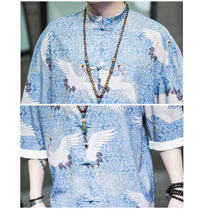 [JUNYI series]★China style shirt★ Tops 3color Unisex Men's Large size Crane Blue Green Black