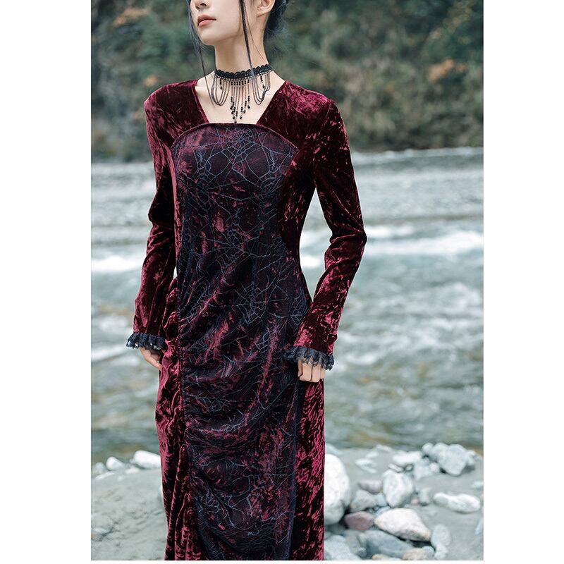 [Daiseiryusu Series] ★China style dress★ Long length velvet wine red red original retro