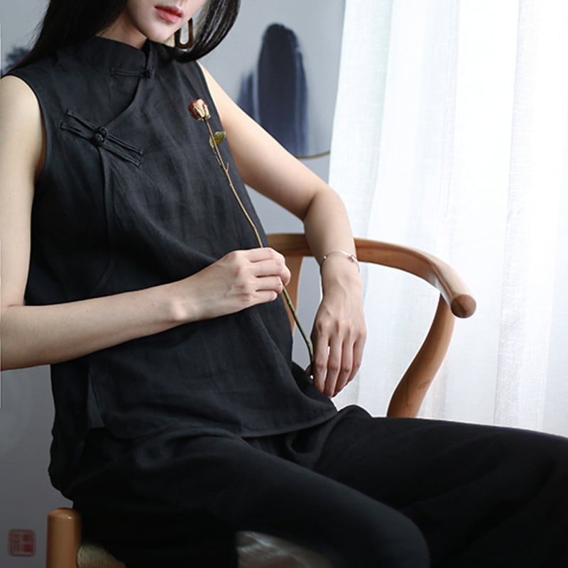 [Series]★Chinese style tops★ Chinese clothes improved Tang suit sleeveless cotton linen black black