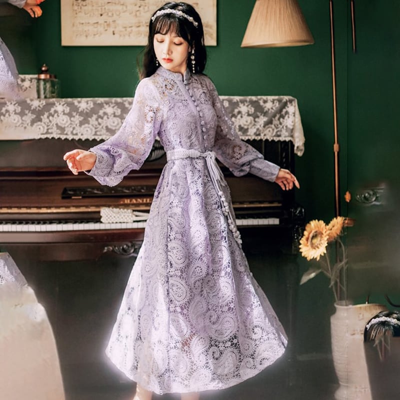 [Kasa no Castle Series] ★China style dress★ 3color black or beige or purple lace dress for dates, weddings, commuting, improving temperament