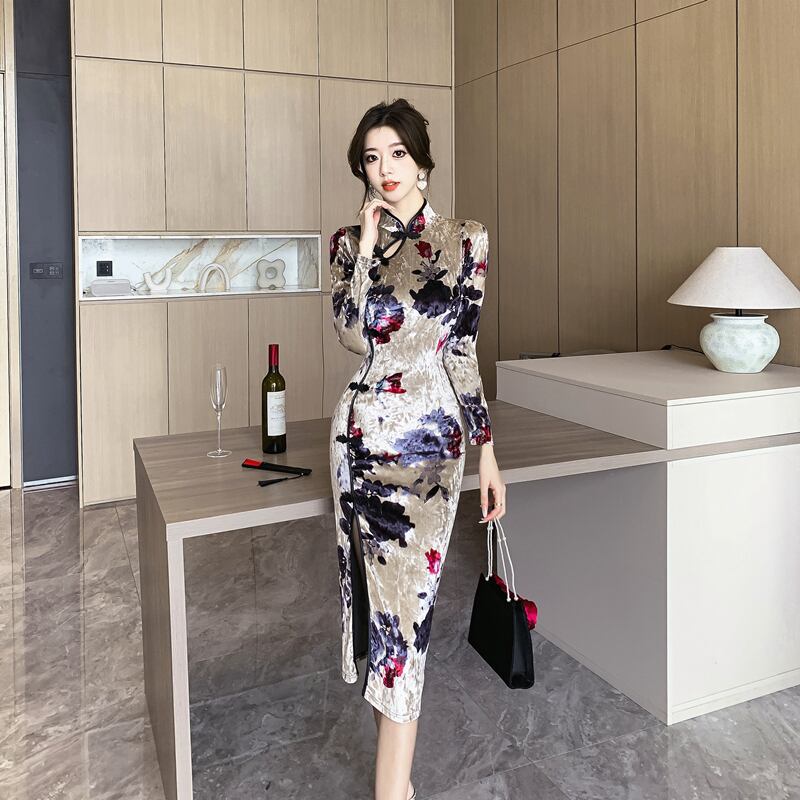 [Hundred Minute Eight Series] ★Cheongsam dress★ Velvet, floral pattern, slimming, sexy, ink pattern dress, improves temperament