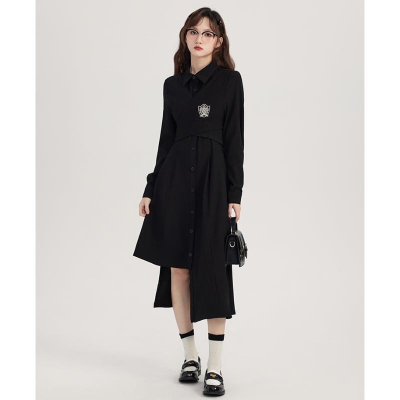 [Shojinsho Series] ★One Piece★ Irregular long sleeve dress Designed Cute Stylish Black Black