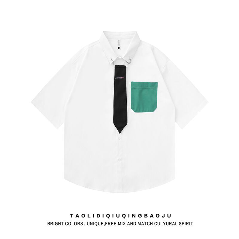 [Escaped Earth Series]★Shirt with tie★ Tops 2color Unisex Men's Black White Casual Color Scheme