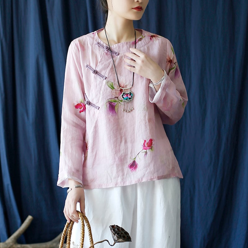 [Light ink series] ★China style tops★ Shirt Improved temperament Improved Tang suit Thin floral pattern Pink China button