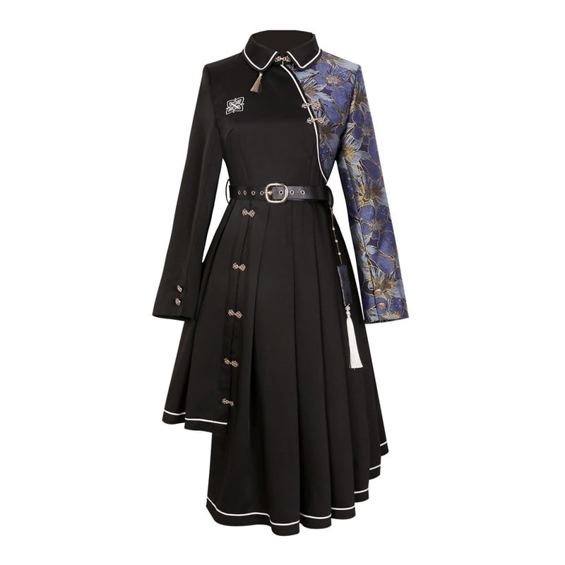 Manager recommended! [Dust Smoke Cloud Dream---Fightless City Series] ★China style dress★ With belt, long sleeves, switching, floral pattern, black, black, irregular, SML