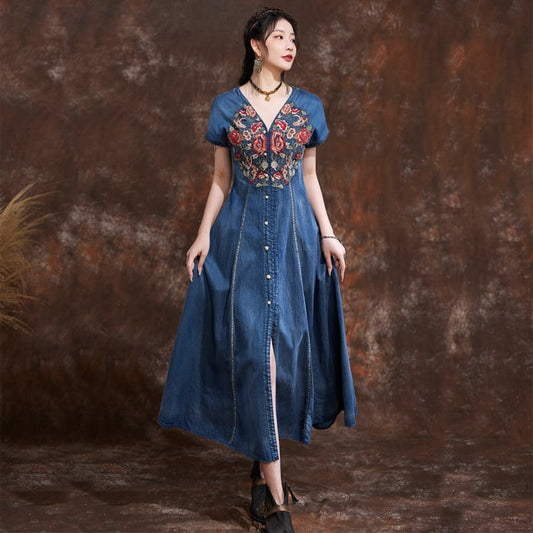 [KAWAYI Series]★Chinese style dress★ Embroidery Ethnic style V-neck Chinese clothing Tang suit Retro Blue Blue ML XL 2XL