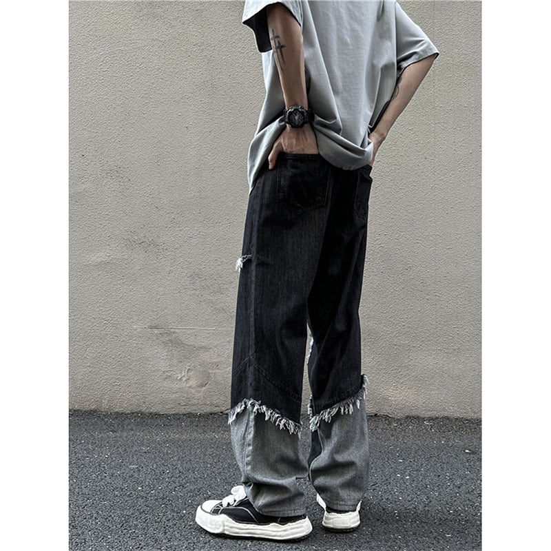 [MEINAN Series] ★Denim Pants★ Bottoms Pants Unisex Men's Fringe Stylish Black Black