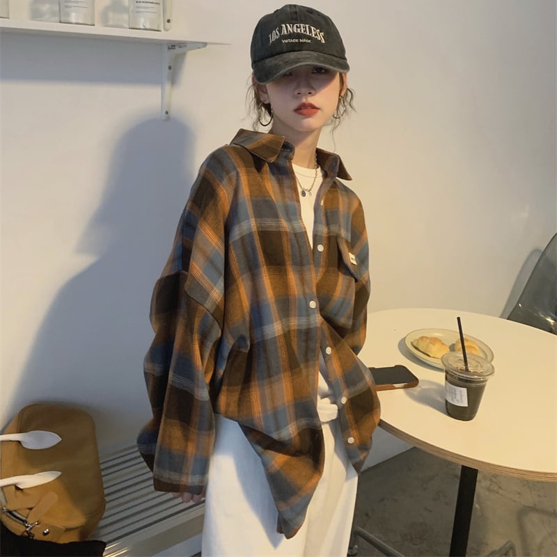 [XIAOXINJIA Series]★Shirt★ 2color Long Sleeve Shirt Tops Ladies Plaid Fashion Color Scheme