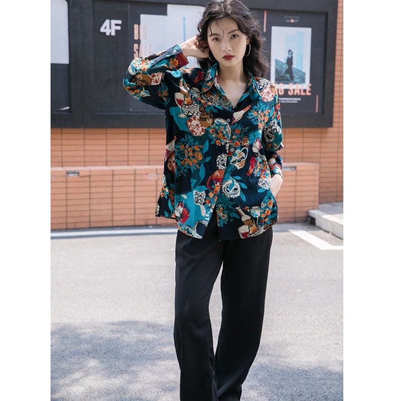 [YOUZI Series]★Shirt★ Tops, oil painting style, floral pattern, loose, retro, commuting, dating, ladies, unique, cute