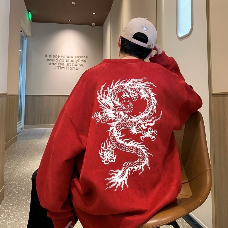 [JIAXUN Series]★China style tops★ 4color suede sweatshirt sweatshirt dragon dragon pattern unisex men's round neck