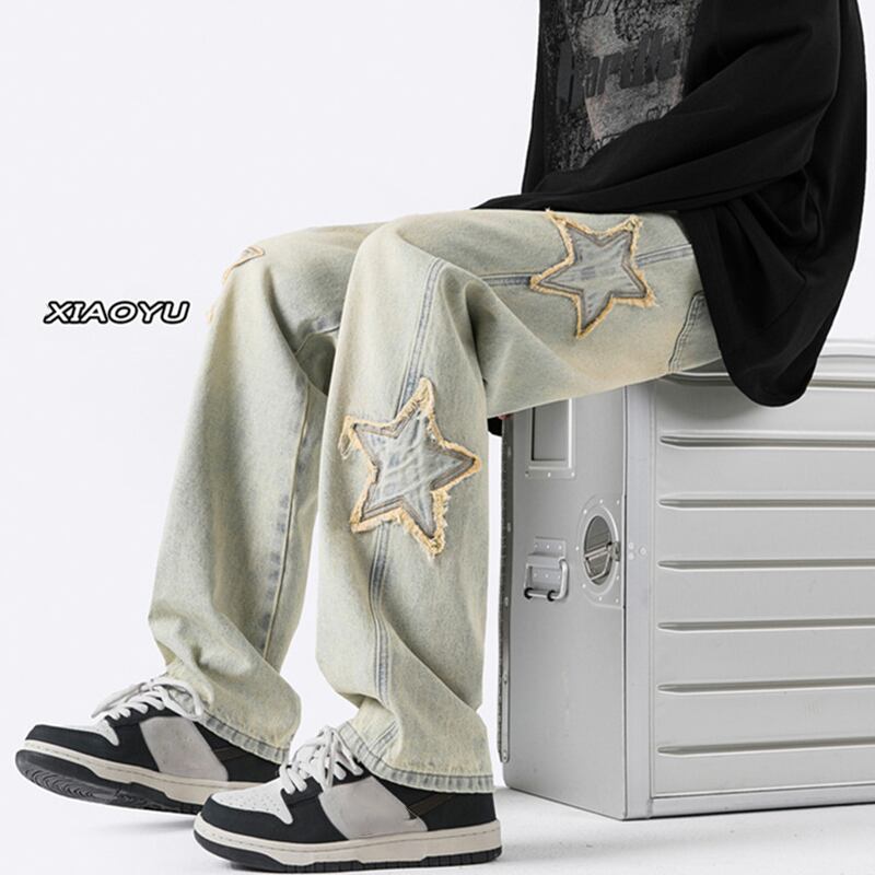 [Emeisa Series] ★Denim Pants★ Bottoms Pants Unisex Men's Retro Star Star Large Size