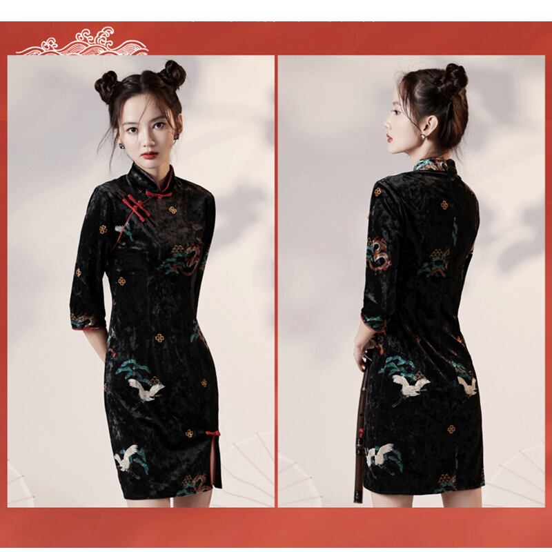 [YUEQIAO Series]★Cheongsam dress★Short length crane velvet Chinese style dress slimming