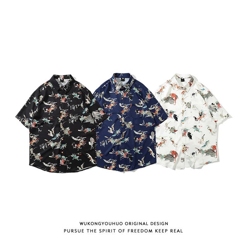 [Rich Original Series]★Shirt★ 3color Floral Shirt Tops Short Sleeve Shirt Unisex Men's Black Navy White