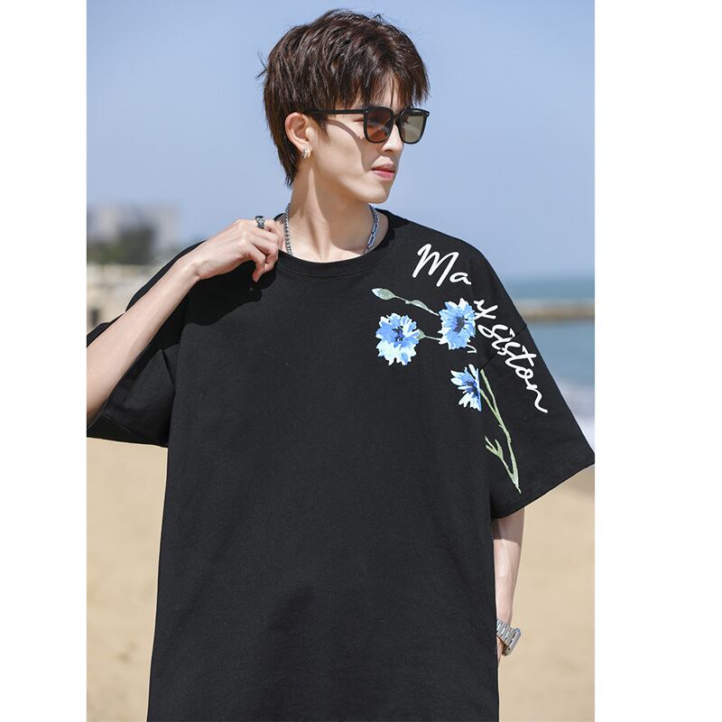 [MANYSTON Series]★T-shirt★ Tops 3color Unisex Men's Short Sleeve Floral Pattern Blue White Black Casual