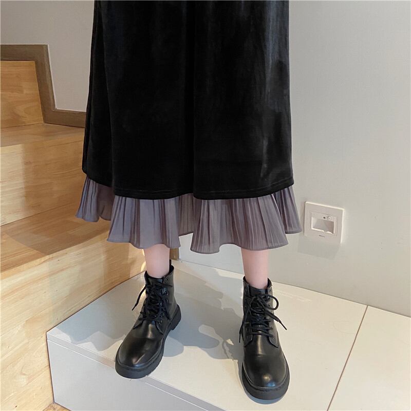 [Goran series] ★Long skirt★ Bottoms Velvet High waist Layered style Easy to match A-line