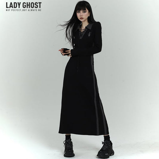 【LadyGhost系列】★連身裙★連身裙POLO領修身長裙可愛SML黑色黑色