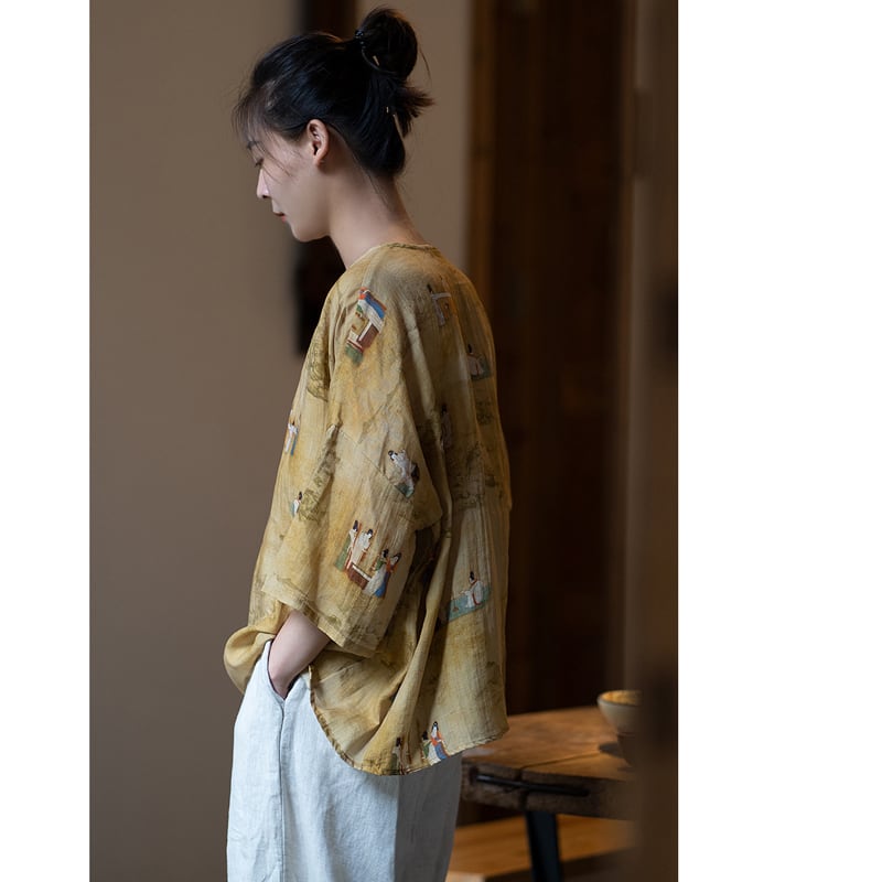 [Yuzu Series]★Chinese style tops★ Shirt Improved temperament Improved Tang suit Thin Republic style print Casual