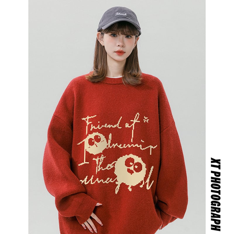 [Fujiiman Series]★Sweater★ 4color Knit Tops Cartoon Unisex Men's Black Red Green White