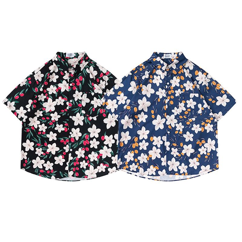 [TRAVEL ISSUANCE Series] ★Retro Shirt★ Floral Shirt 2color Blue or Black Print Unisex Men's Beach Travel Photography