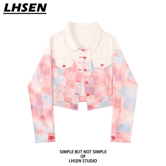 [LHSEN Series] ★Jacket★ Outer mini length plaid color scheme pink SML XL ladies fashionable