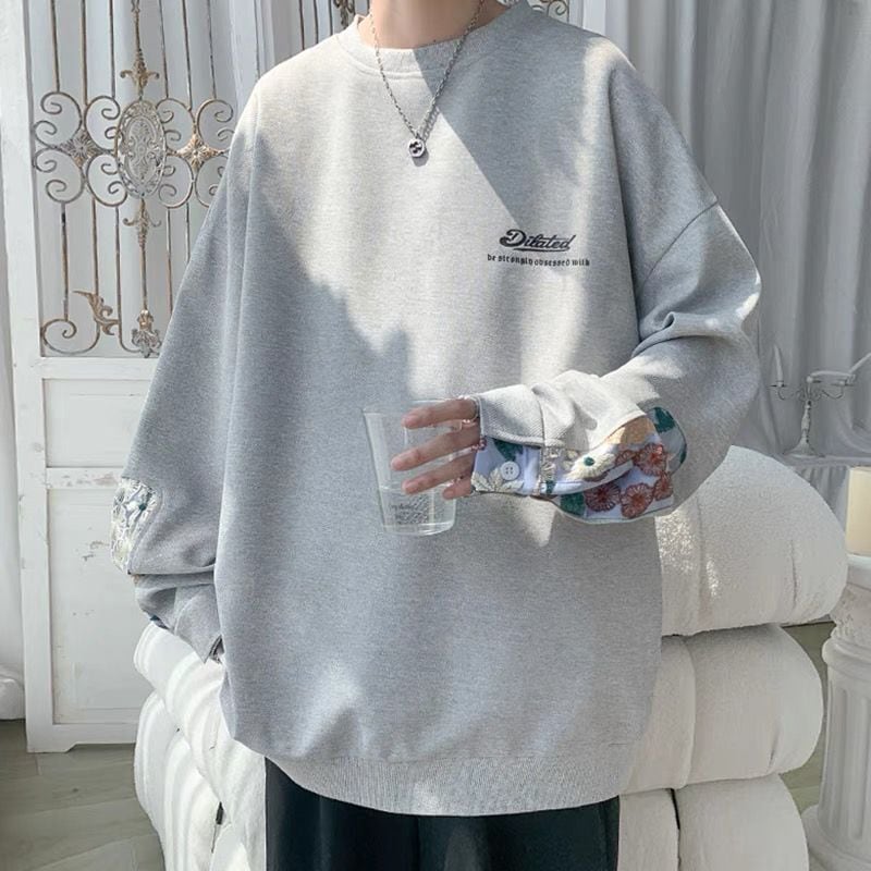 [Emperor series] ★Fleece-lined tops★ 2-color embroidery, cute sleeves, casual, floral pattern, unisex, men's, gray, black, gray, large size