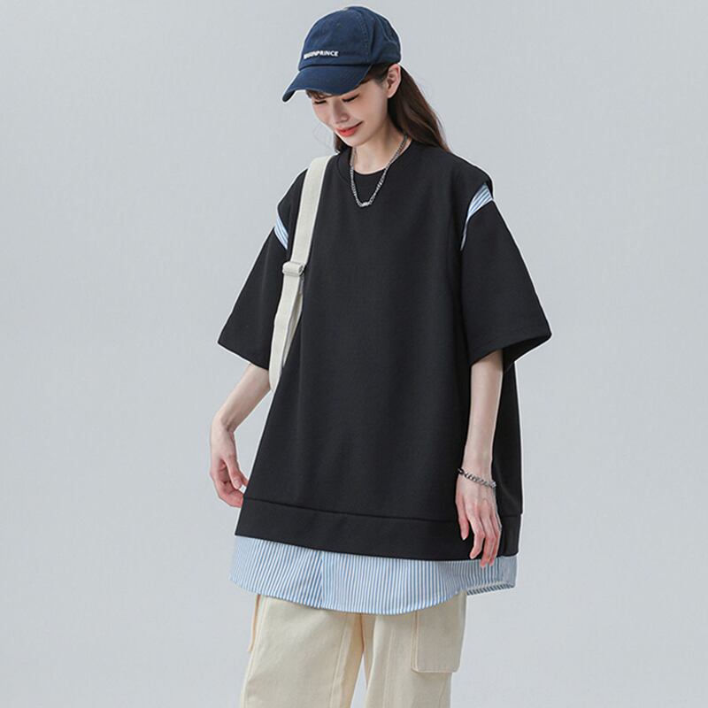 [CHAOMEICHEN Series] ★T-shirt★ 2color Tops Unisex Men's Summer Clothes Short Sleeve T-shirt Faux Layered Black White