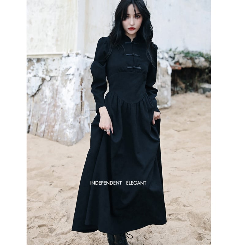 [Da Qinglong Shu Series] ★Chinese style dress★ Long length Chinese clothing Original Black Black Improves your temperament