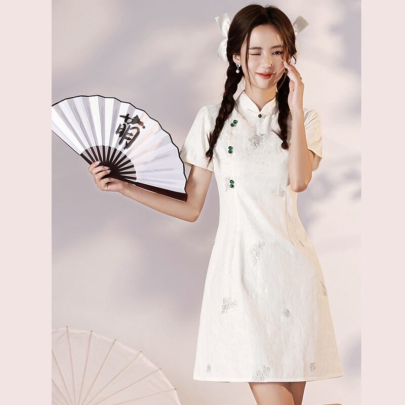 [YUEQIAO series]★Cheongsam dress★Short length Chinese style dress White White Cute Slimming look