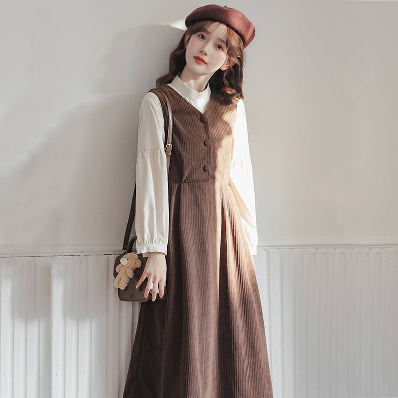 [Status series]★Setup★ 2color shirt + sleeveless dress Retro brown black