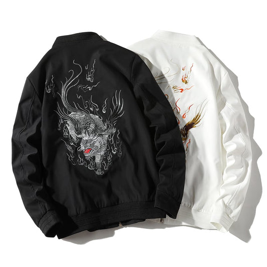 Stadium jacket with dragon crest embroidery Chinese style outerwear Dragon Sukajan jacket Chinese style clothing Black White