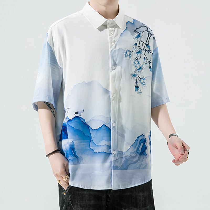 [MOWENZHAI Series]★Chinese style shirt★ Tops, unisex, men's print, large size, summer clothes, Chinese clothes