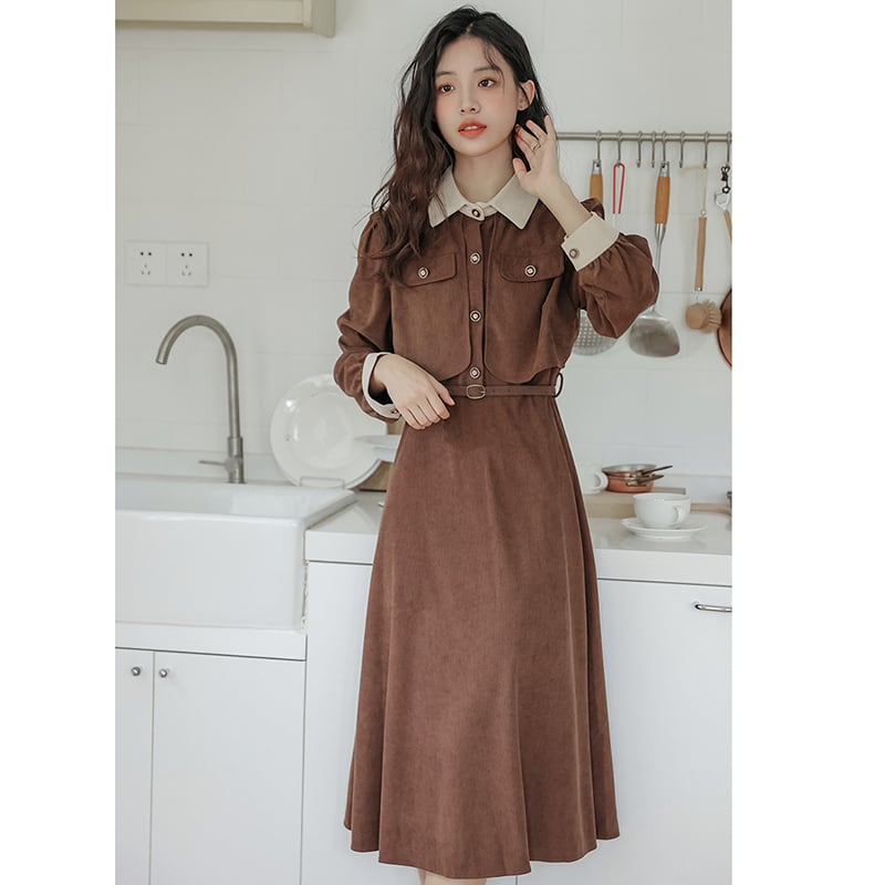 [Encounter series] ★Dress★ 2color with belt corduroy temperament improvement date easy to match