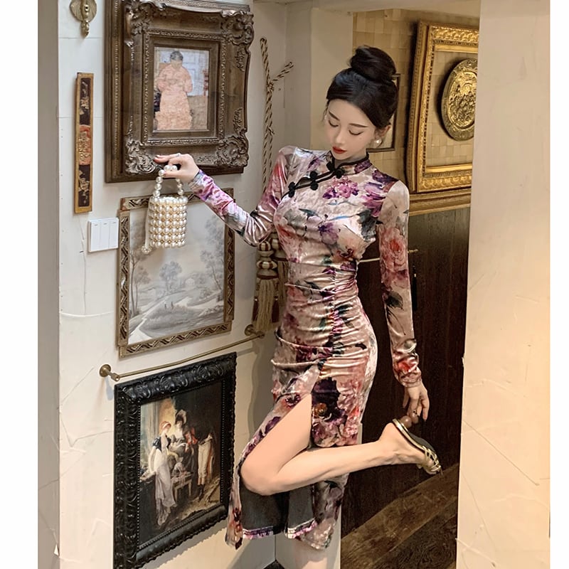 [Hundred Minute Eight Series] ★Floral pattern cheongsam★ Velvet, slimming, sexy, SML, easy to match, improves your temperament