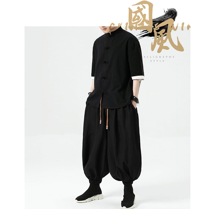 [JUNYI Series] ★Casual Pants★ Bottoms Chinese Style Pants Men's Large Size Plain Retro Black Black