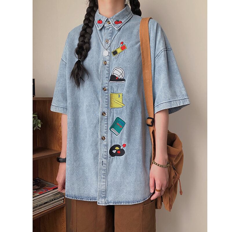 [KKTLL Series]★Shirt★ Embroidered shirt, short sleeve shirt, tops, unisex, men's ML XL denim shirt, cartoon