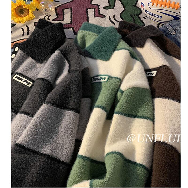 [PPG Series]★Sweater★ 3color Knit Tops Horizontal Striped Pattern POLO Neck Unisex Men's Green Gray Brown