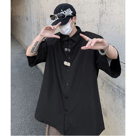 [Reminiscence of Youth Series]★Shirt★ Tops Unisex Men's Short Sleeve Shirt Black Black Fashion Simple