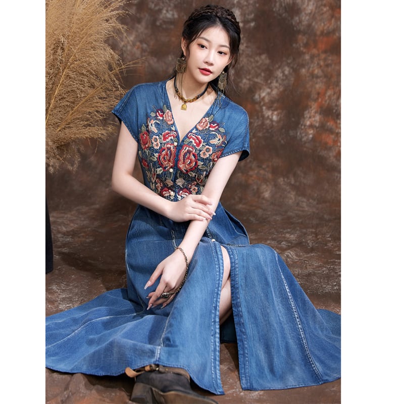 [KAWAYI Series]★Chinese style dress★ Embroidery Ethnic style V-neck Chinese clothing Tang suit Retro Blue Blue ML XL 2XL