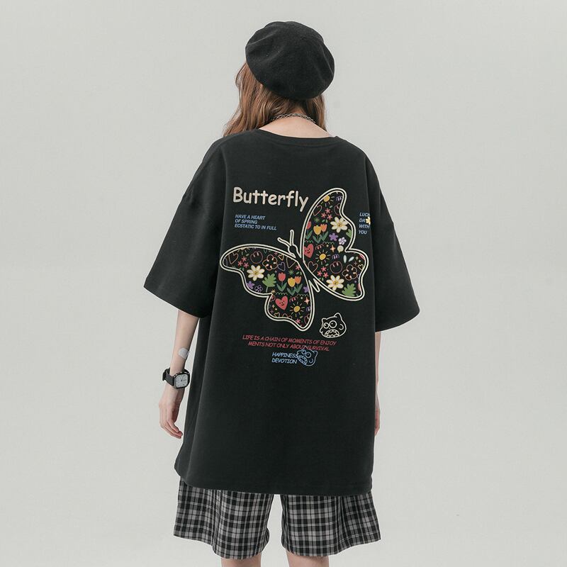 [Wrzb Series]★T-shirt★ Tops 5color Unisex Men's Butterfly Red Gray Black Blue Brown Easy to match