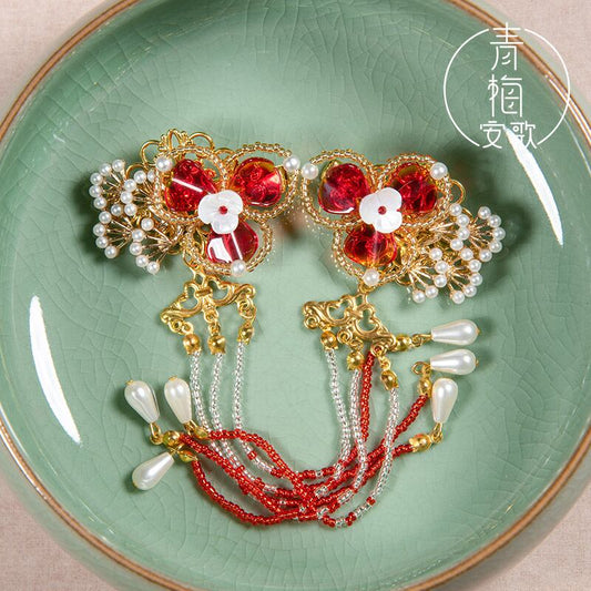 [Ome Anka Series]★China Hair Ornament★Hairpin Pair Coming of Age Ceremony Chinese Clothing Fringe Accessory Handmade Ornament Red Flower