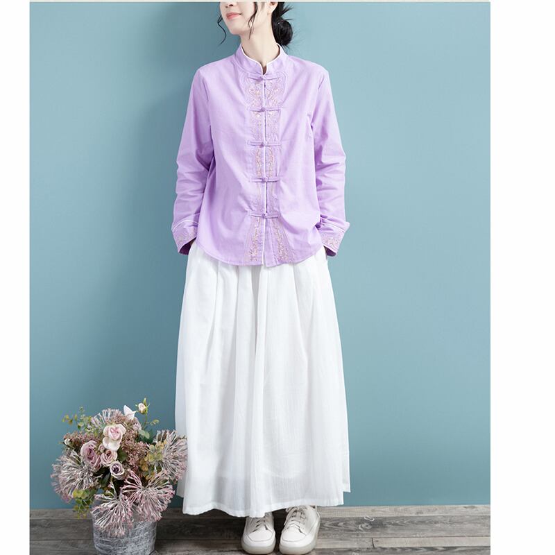 [Qing Series]★China style tops★ 3color embroidery long sleeve shirt simple easy to match Blue Yellow Purple