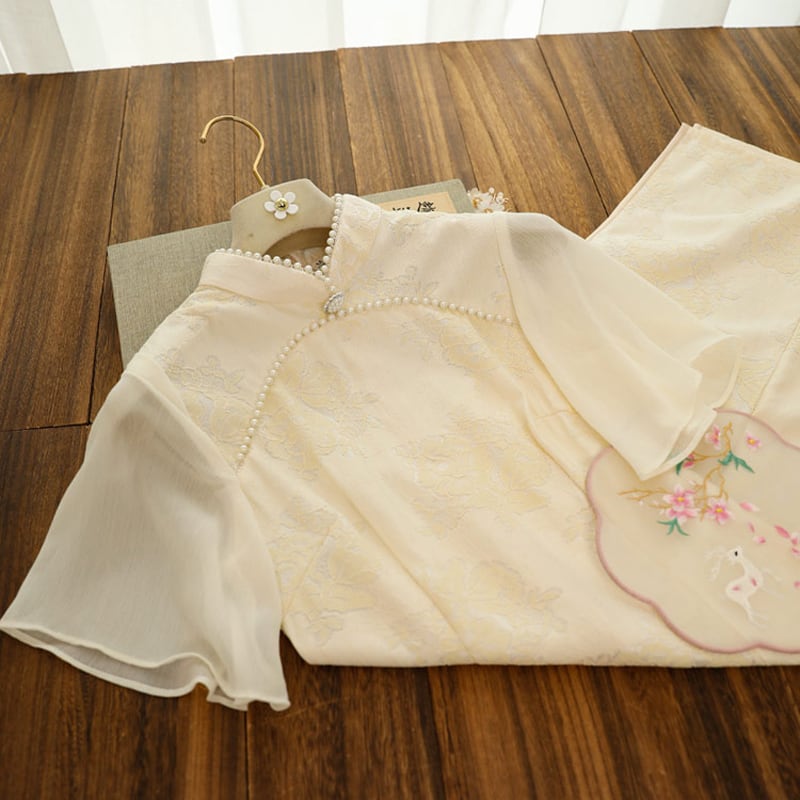 [Daughter fish series] ★China dress★ One piece dress lace chiffon switching beige cute