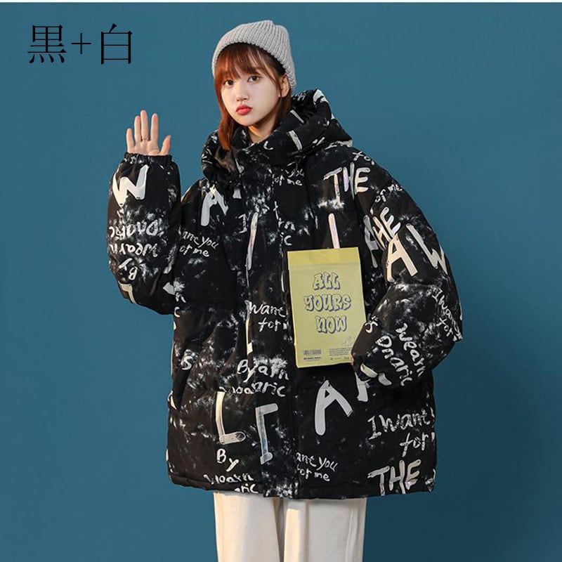 [Ushiomiomi Series] ★Winter Coat★ Cotton Coat Outerwear 2color Unisex Men's Graffiti Alphabet Black