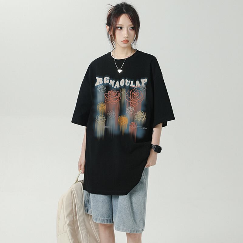 [LIEQU Series]★T-shirt★ 2color Tops Loose Summer Clothes Unisex Men's Rose Black White Casual